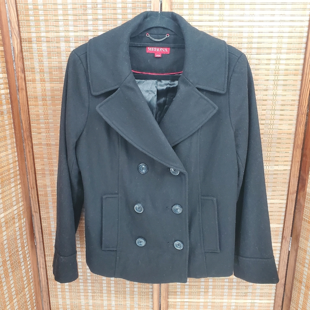 ♧ Merona Wool Blend Double Breasted Pea Coat Black Size Large